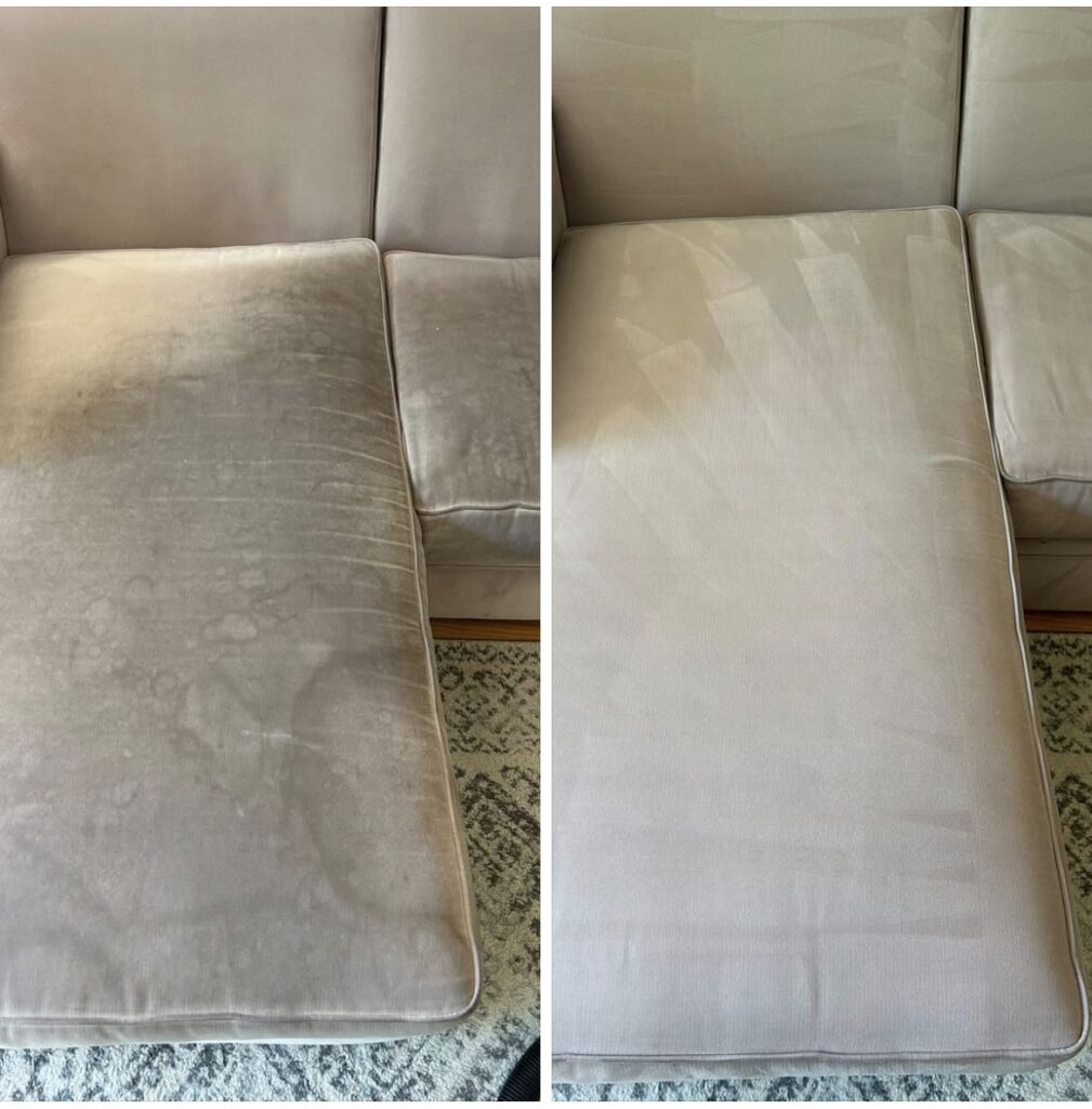 Couch cushion before and after professional upholstery cleaning